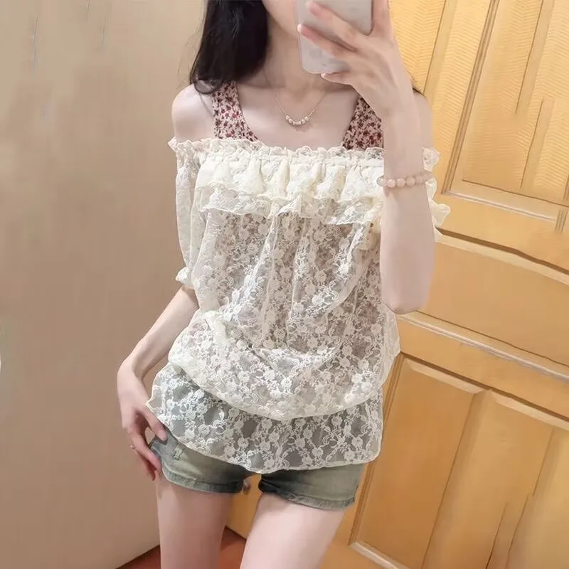 

French Style Sweet Girls Chic Lace Hollow Off The Shoulder Top+floral Vest+vintage Denim Shorts 3 Piece Sets Summer New Clothes