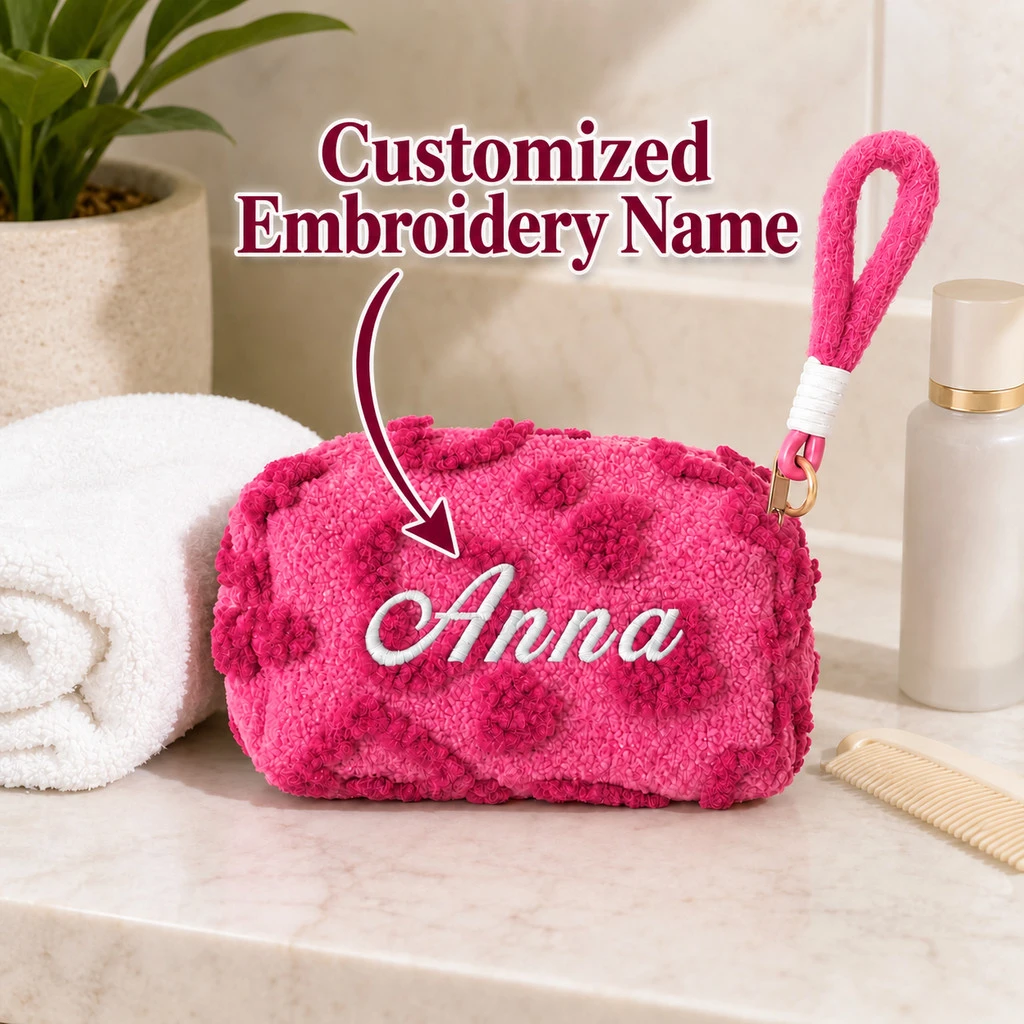Personalized Embroidered Plush Heart Makeup Bag, Soft Portable Travel Cosmetic Pouch, Cute Storage Gift for Women Girls Daily Us