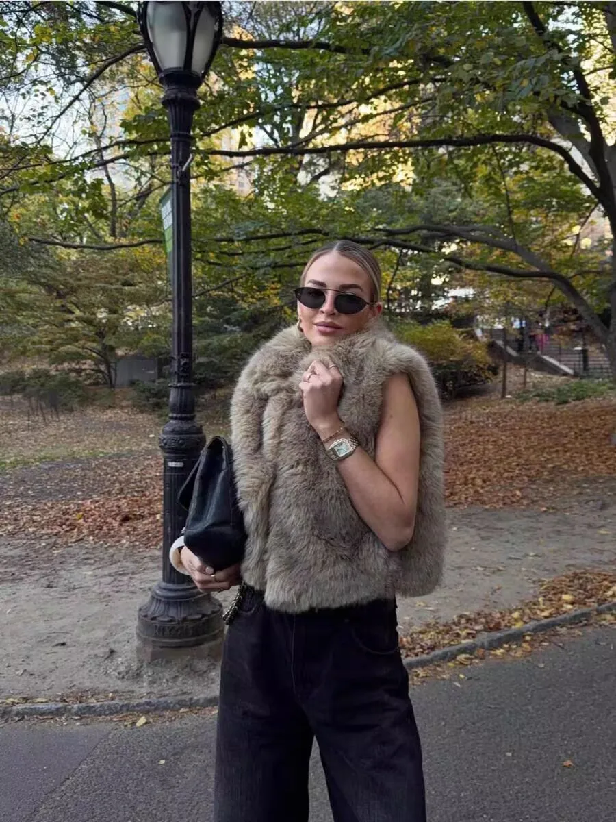 Women's Winter New Casual Street Style Faux Fur Vest Outerwear Top Daily Wear Outfits Cold Days Faux Fur Streetwear Tops