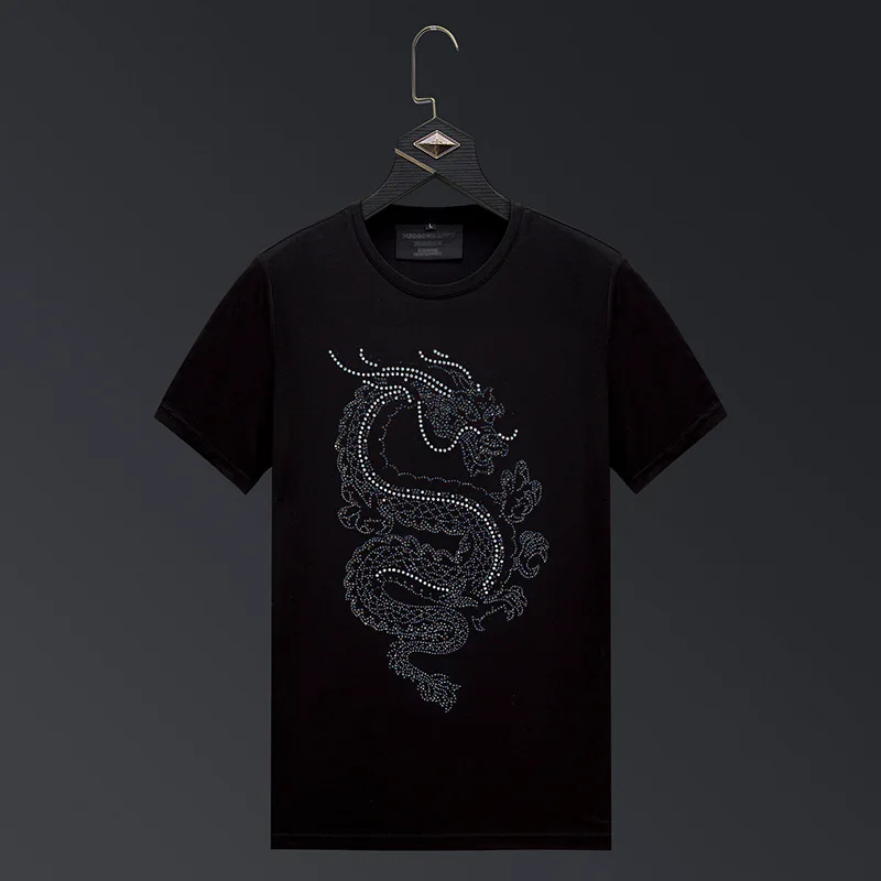 

Cartoon Chinese Dragon Rhinestones T Shirts Men Summer Clothes Fashion Streetwear O Neck Short Sleeve Elastic Cotton T-shirts