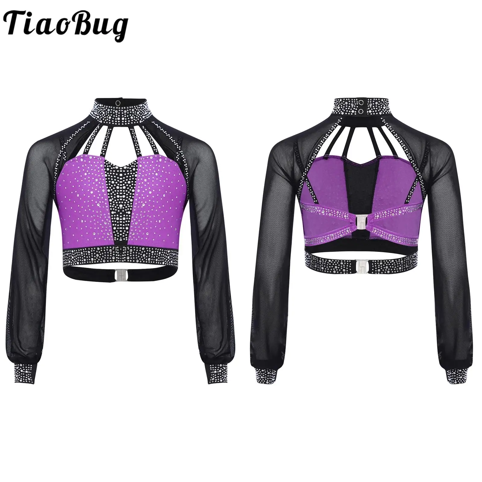 

Kids Girls Figure Skating Crop Tops for Jazz Dancing Performance Costume Mesh Long Sleeves Backless Strappy Rhinestones Shirts