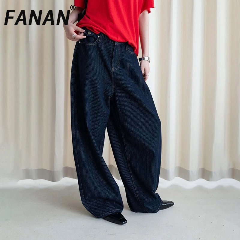 FANAN Women Dark Pinstripe Wide Leg Jeans High Waist Oversized Baggy Loose Denim Trousers Vintage Striped Streetwear Pants