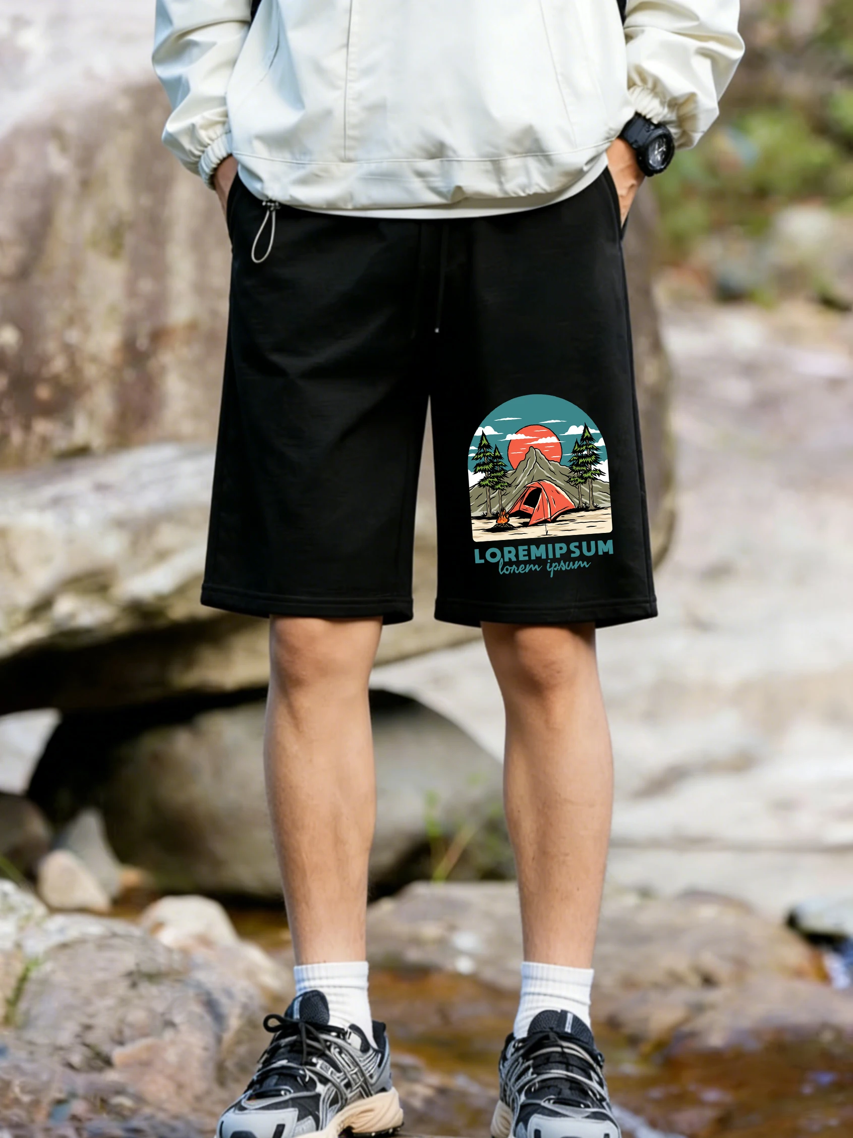 

Mountain Camping Printed Pants Mens Summer Oversized Wide Outdoors Shorts Jogging Pocket Shorts Basics High Waisted Male Clothes