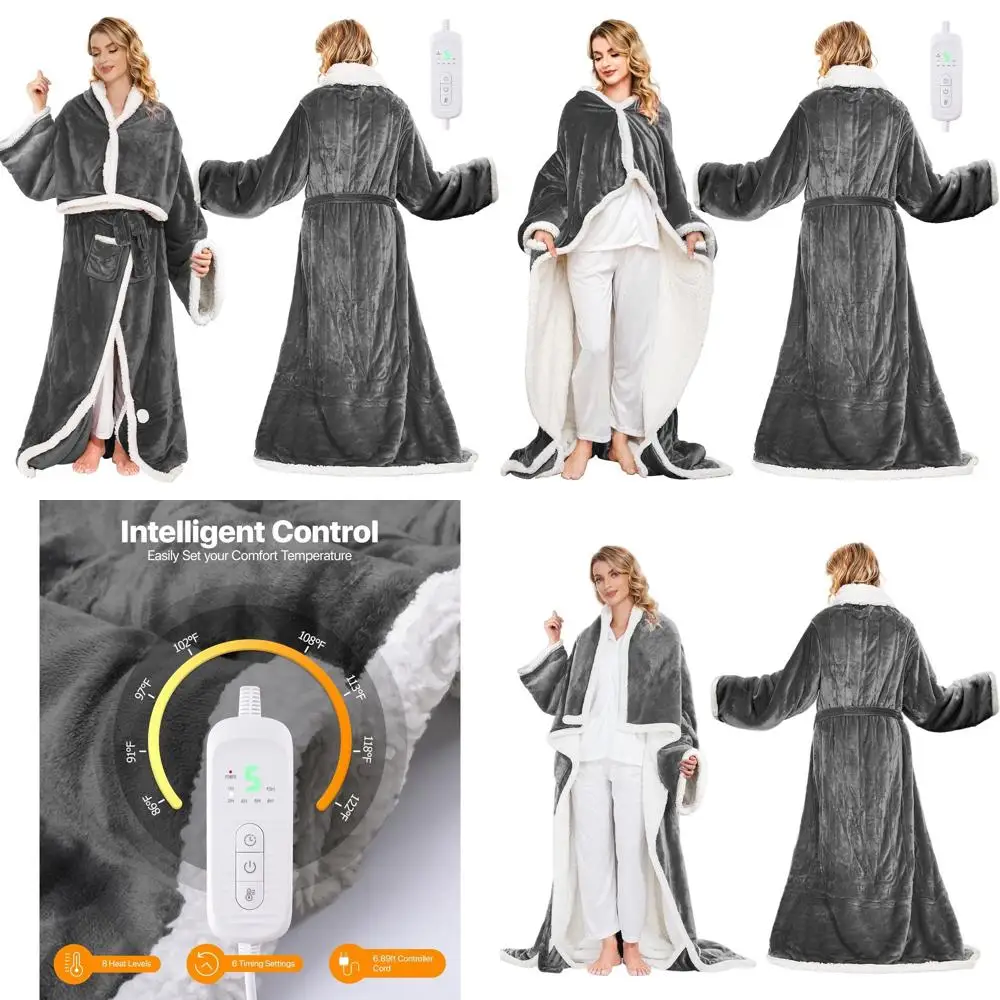 

Wearable Electric Blanket with Foot Pockets and Sleeves, 8 Heat Levels, Timer for Women, 50x60 Flannel & Sherpa Robe