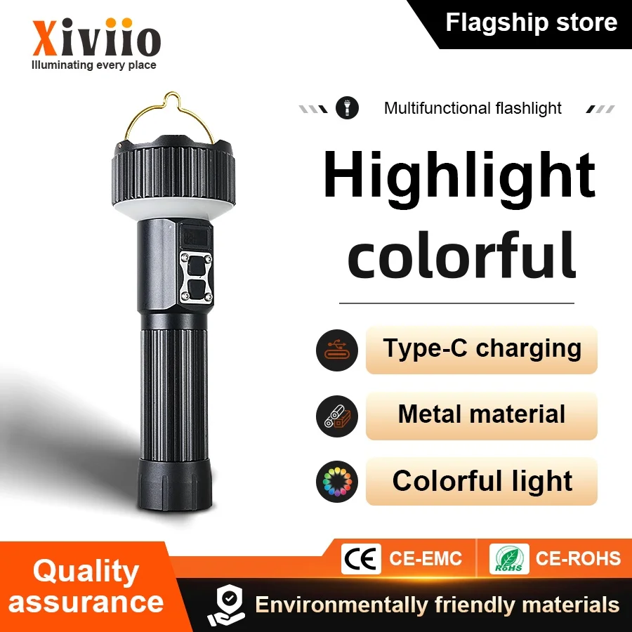 High Power LED Torch 7 Colors RGB Warning Side Light Type‑C Charging Long Distance Flashlight Digital Display Outdoor Camping