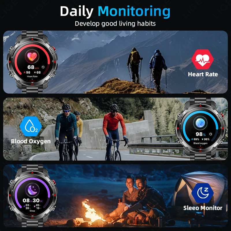 LIGE Nuovo Professionale GPS Sport Smart Watch Outdoor RIDE Run Orologi da uomo Bussola Altimetro 3ATM 540mAh Torcia a LED Bracciali