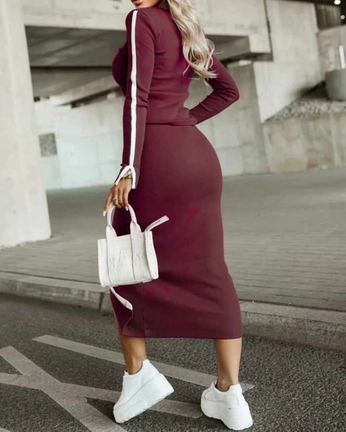 

2024 Hot Selling Fashionable Round Neck Long Sleeved Casual Pullover and Front Slit Tight Skirt Women's Set