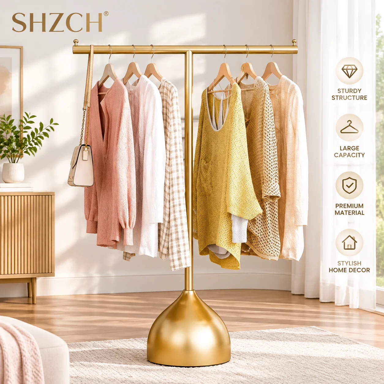 Nordic Cream Clothes Rack with Foldable Design Heavy Duty T-Shaped Coat Stand for Living Room with Non-Slip Base