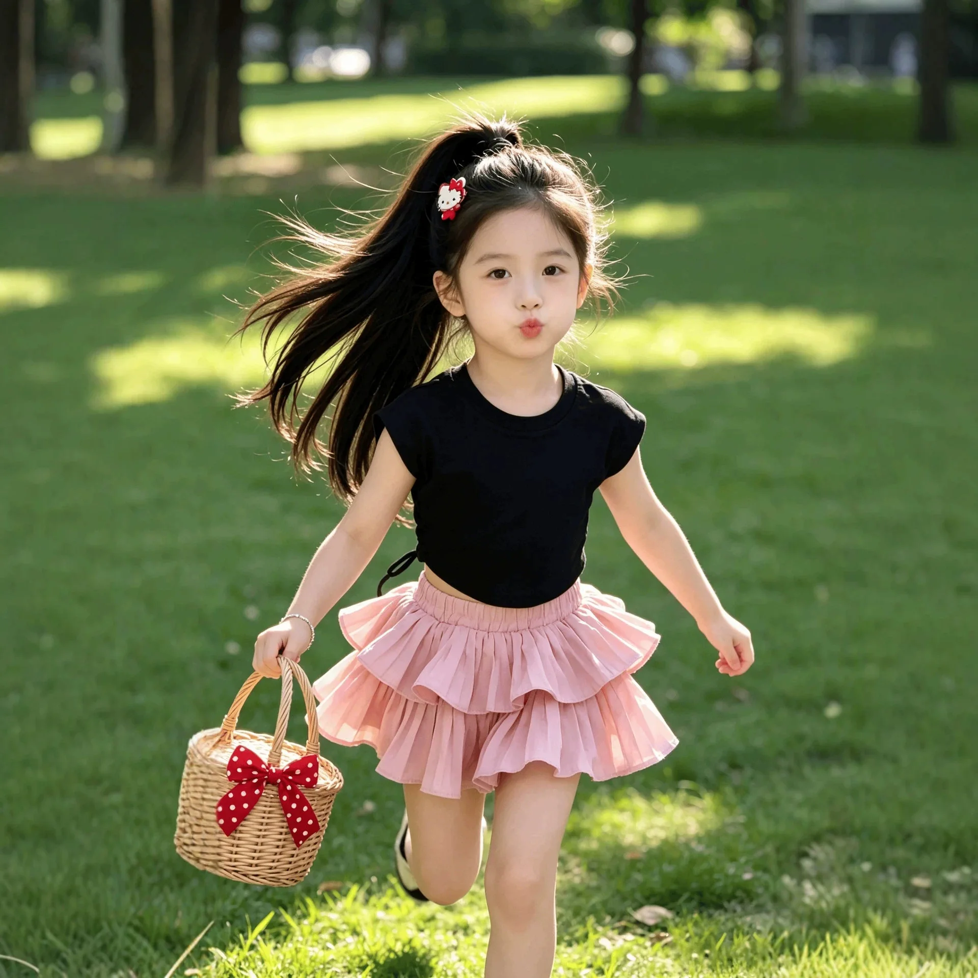 Korean Style Girls Summer Clothes Set Hollow Out Backless Top Pleated Cake Skirt 2Pcs Fashion Kids Princess Dress Suit