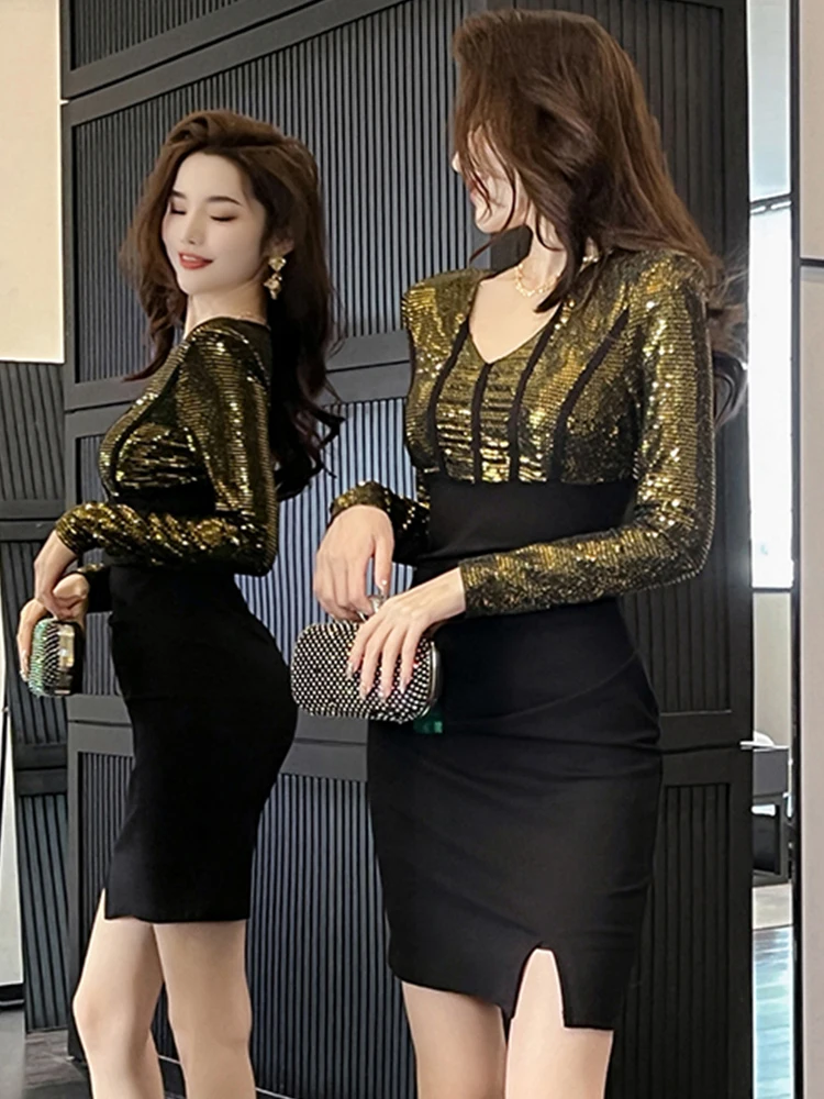 Robe de Banquet élégante pour femmes, mode française rétro élastique, paillettes brillantes, plis, moulante, fente, Mini robe de soirée, bal, Club