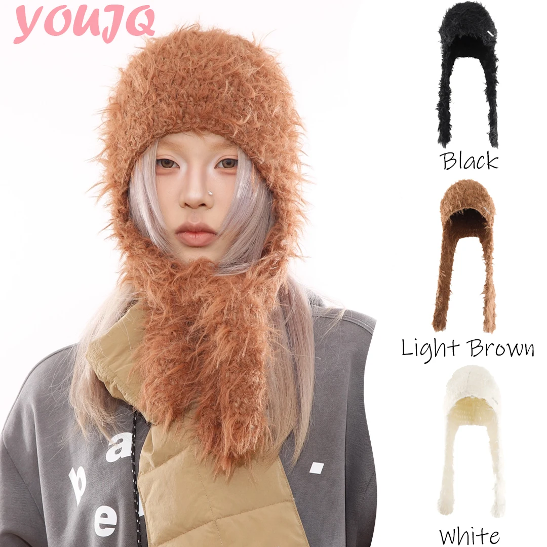

Knitted Plush Fluffy Bomber Cap Women's Autumn Winter Ski Hat Warm Ear Protection Windproof Knit Scarf Hats Sombreros De Mujer