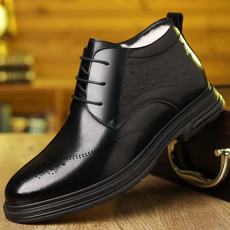

Men's leather shoes, winter fleece, warm and comfortable, business casual high-top formal cotton boots, dress shoes