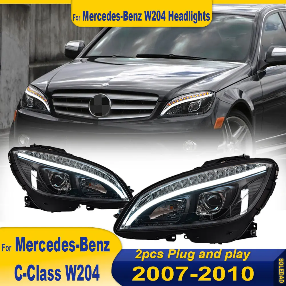 

2 шт. фара для Benz W204 светодиодная фара 2007-2010 C200 C260 C300 DRL указатель поворота дальнего света линза проектора «ангельский глаз»