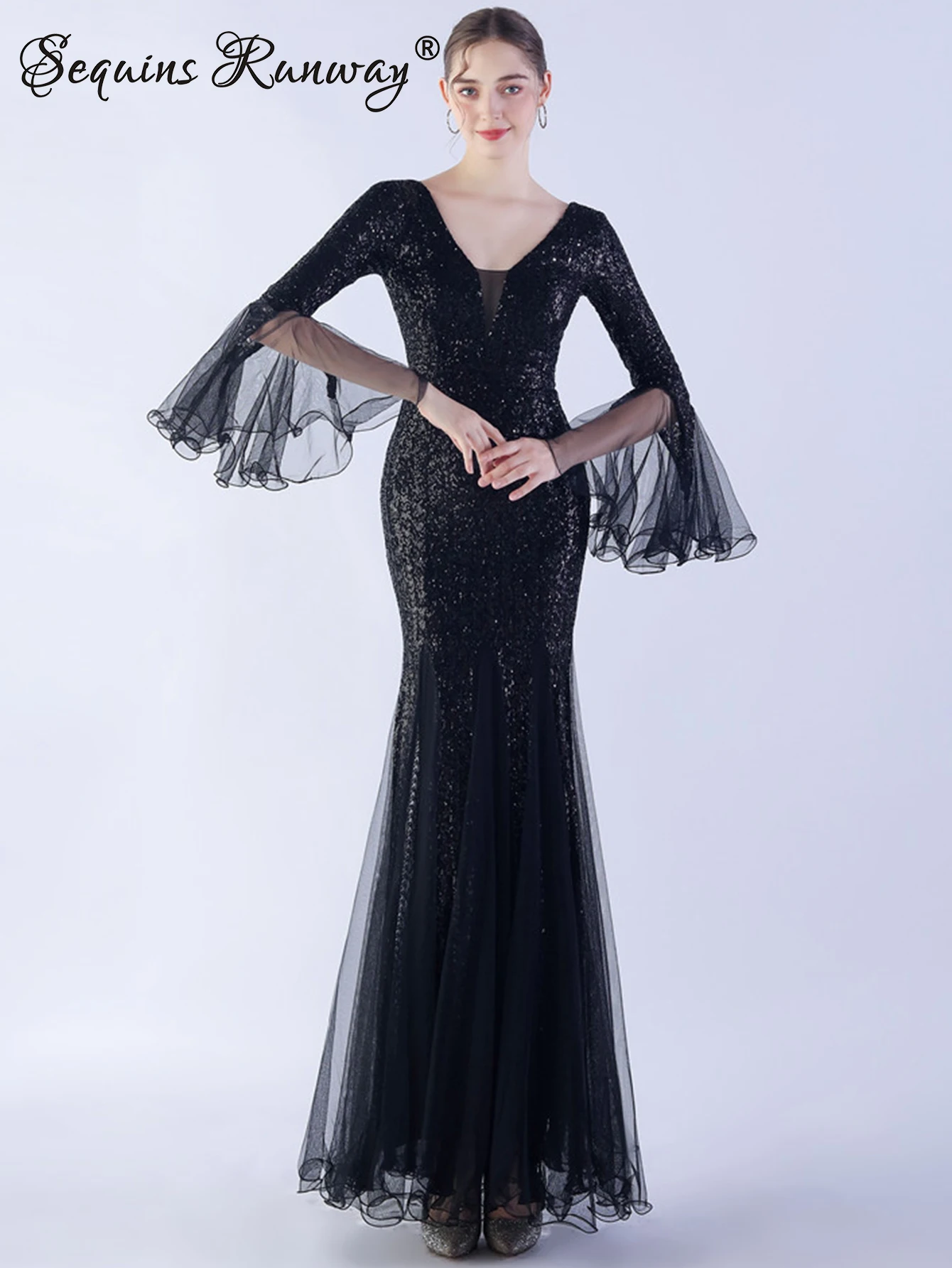 Robe longue de soirée pour femmes, sexy, luxueuse, élégante, en maille, dos nu, noire, maxi, à paillettes, pour l'été