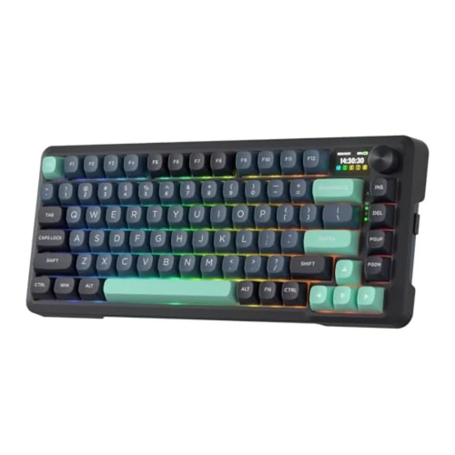 Gaming keyboard with gasket mount PCBA silicone and foam layers for noise dampening 81-key layout linear switches 1.14-inch TFT