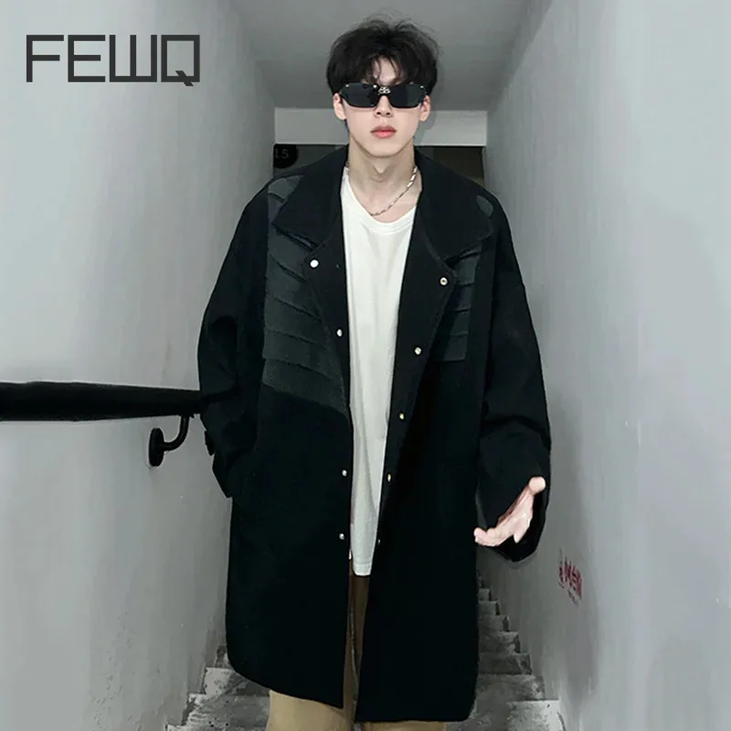 

FEWQ Korean Style Men's Woollen Coats Lapel Single Breasted Solid Color Partchwork Loose Fashion Male Windbreakers New 24E2609