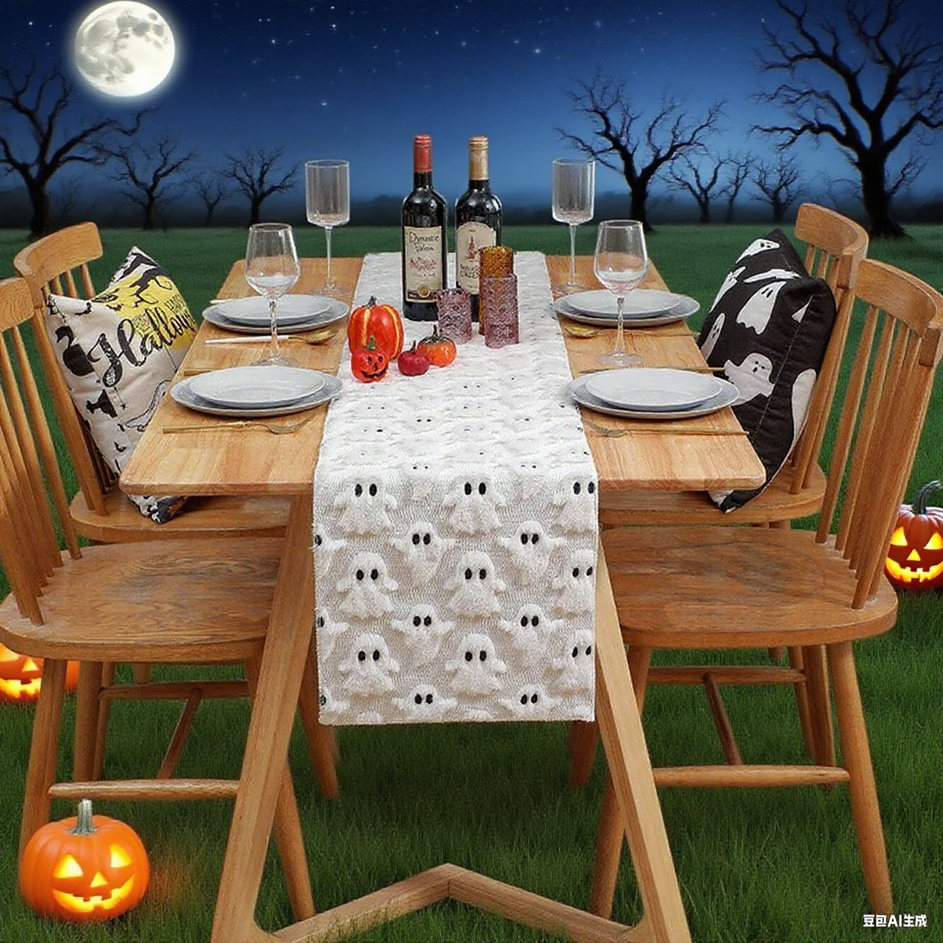 Eerie Eye Ghost 3D Table Runner Halloween Party Supplies Table Decorations Gothic Two-Tone Quilted Tablecloth