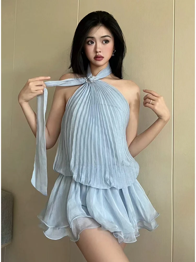 

Sexy Halter Neck Blackless Rhinestone Pleated Mini Dress Women Sleeveless Folds A-line Dresses Evening Party Cocktail Clubwear