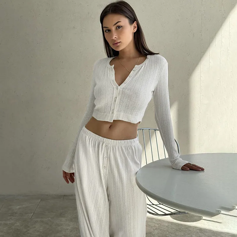 Apprabant Casual Knitted Basic Pants Set Round Neck Long Sleeve Signle Breasted Cardigan Open Navel Top Elasticity Trousers Suit