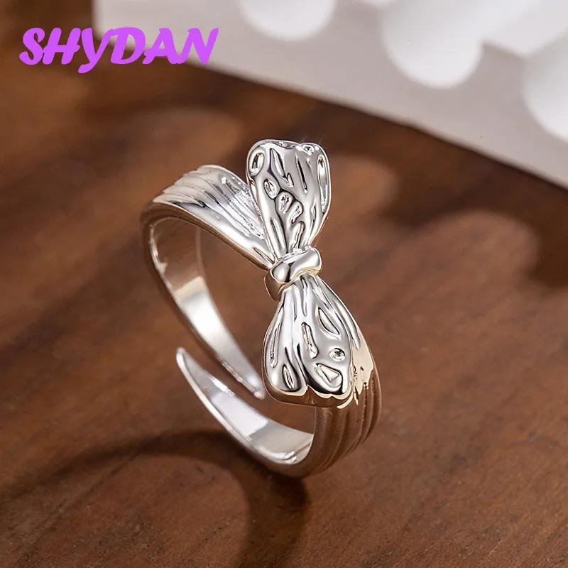 SHYDAN 925 Sterling Silber Strukturierter Schleifenring, Verstellbar, für Damen, Modeschmuck