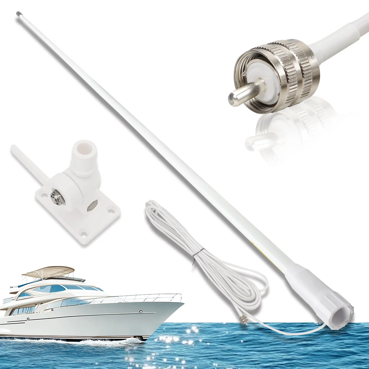 ABBREE X105M X107M VHF Marine Radio Antenna High Gain Waterproof Fiberglass RG-58U Sturdy Base Mount Ship-to-Ship Communication