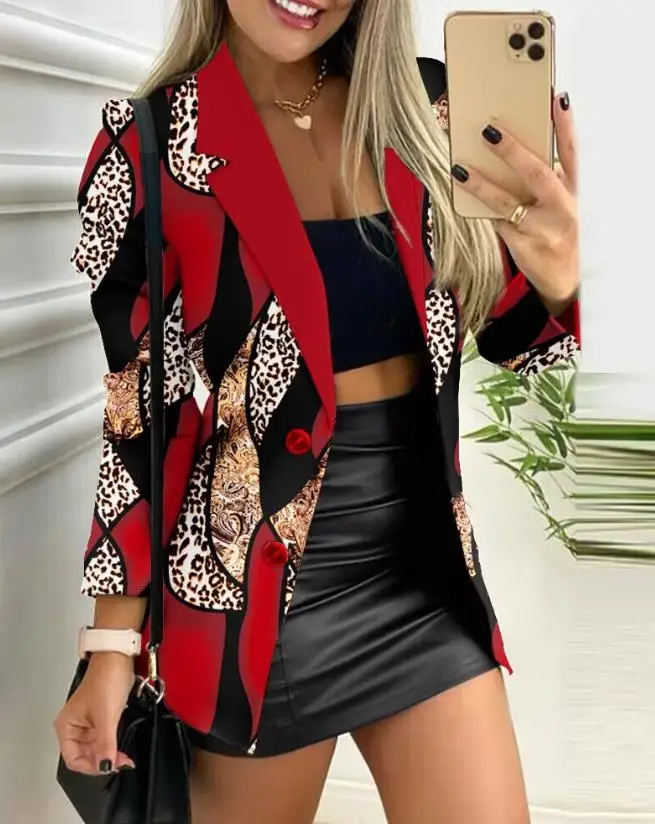 Elegant Blazer Women Long Sleeve Notched Collar Baroque Leopard Print Buttoned Work Jacket Coat 2023 Fashion Outwear Autumn Tops