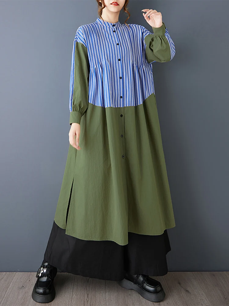 ストライプパッチワークオーバーサイズシャツワンピース レディース 新作 長袖 ルーズ カジュアル ミディ丈ワンピース エレガントな服 春秋 2025