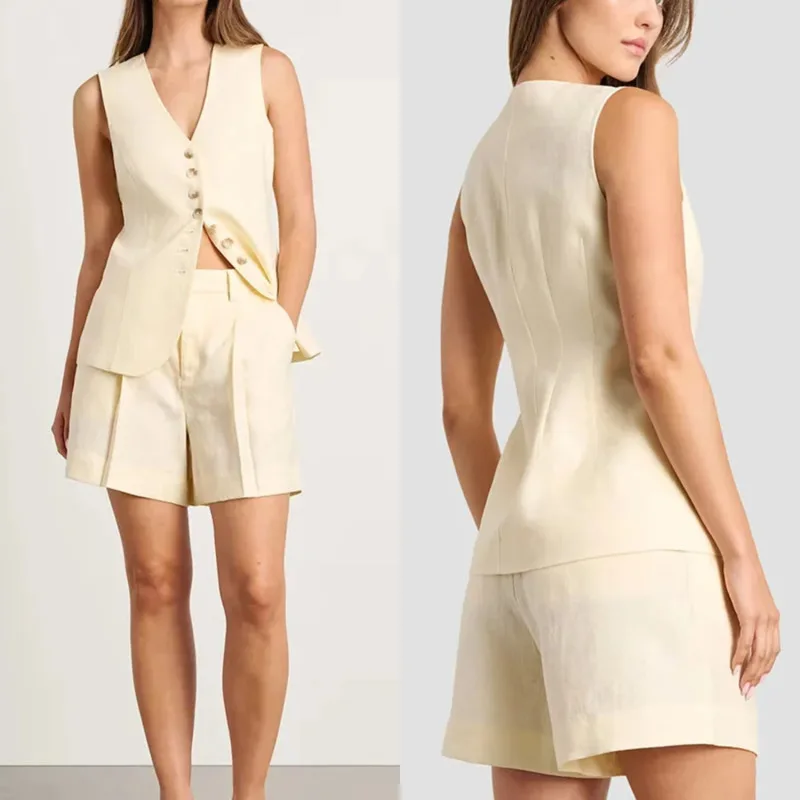 

Women Cotton Linen Vest Shorts Set Sleeveless V Neck Button Waistcoat Top Loose Shorts Suit Summer Casual Commuter Office Outfit