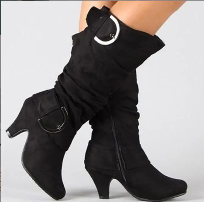 Fashion New Knee High Boots Women Autumn Faux Suede Buckle Boots Fashion Spike Heels Woman Shoes Winter Boots Large size