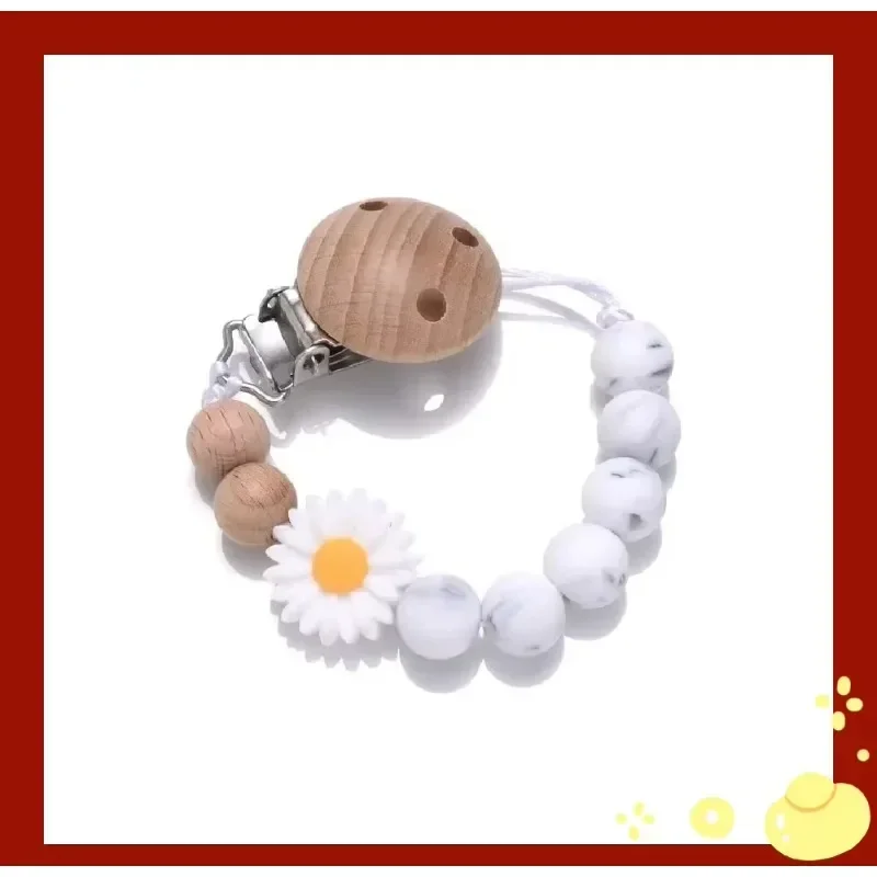1Pcs Baby Beech Wood Pacifier Silicone Flower Beaded Nipple Clips for Soother Pacifier Holder Chain Nursing Toy Shower Gift