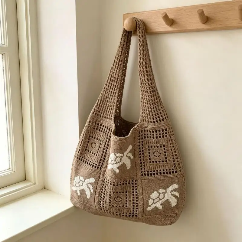 Crochet Tote Bag With Hollow Out Design Ocean Patterns For Beach Trips Daily Errands Summer Travel