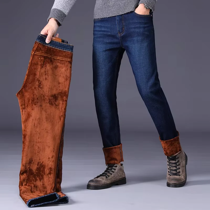 الشتاء الرجال الدافئة جينز سترتش 10XL أفخم الدنيم فضفاض مستقيم بالإضافة إلى حجم السراويل الفضفاضة لارتداء مريح