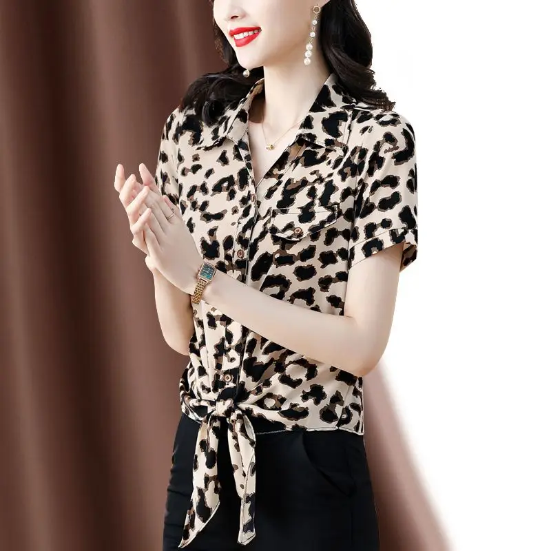 office lady Stylish Leopard Printed Blouse Female clothing Casual Single-breasted Elegant Bandage Bow Summer new Polo-Neck Shirt