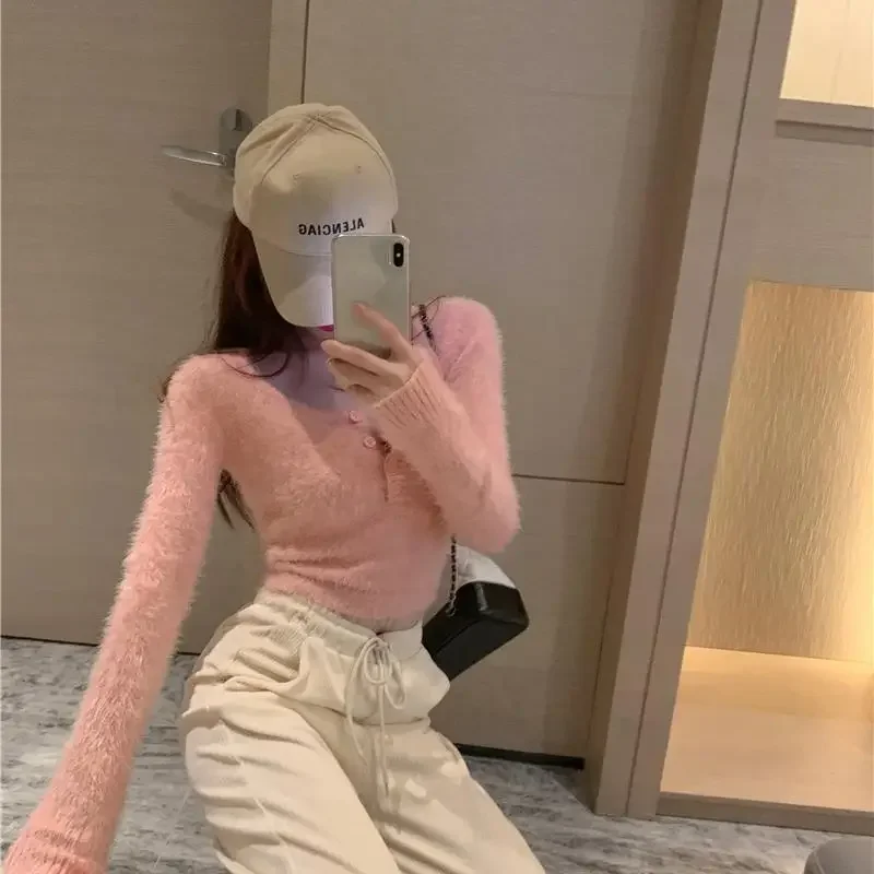 Mohair Knitted Shirt Y2K Pink Sweet Crop Top Gentle Bodycon Hot Girls Pullover Low Round Collar Sexy Sheath Sweater N608