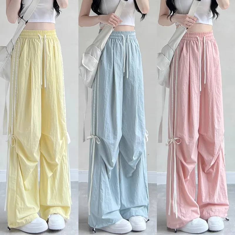 

Повседневные брюки из ледяного шелка с бантом для женщин, весна-лето 2024, новые висячие брюки-карго с высокой талией, широкие брюки