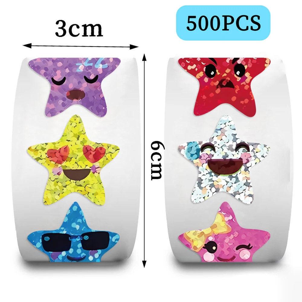 

500PCS Smiley Face Star Stickers Roll Colored Sparkly Foil Pentagram Decals Colorful Self-adhesive Stickers Student Children