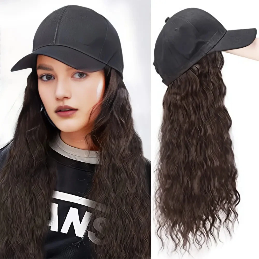 

Long Corn Curly Hat Wig for Women Black Brown Wigs Connect Synthetic Synthetic Baseball Cap Hair Hat Wig Adjustable Fake Hair