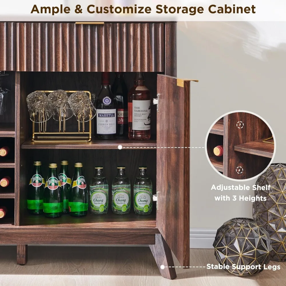 Armário buffet canelado contemporâneo com armazenamento - 3 gavetas, 2 portas, suportes para vinho e copos
