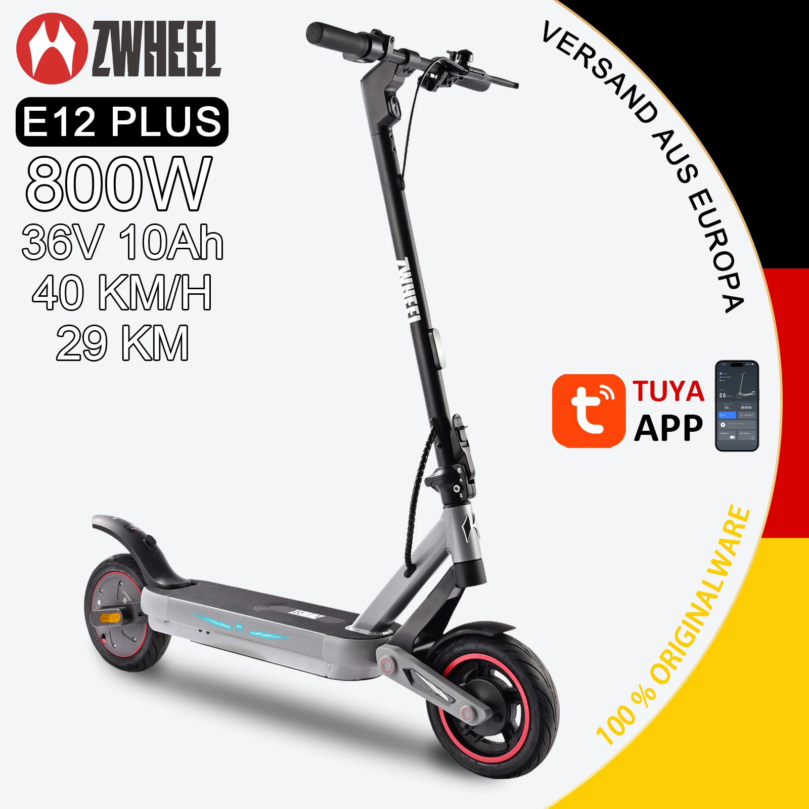 ZWHEEL E12 PLUS, faltbarer E-Scooter, 800W Motor, 36V Akku, max. 40 km/h, 30 km Reichweite, Stoßdämpfung, Blinker, 10-Zoll-Straßenreifen, schweißfester Griff, APP-Steuerung, leicht, tragbar,