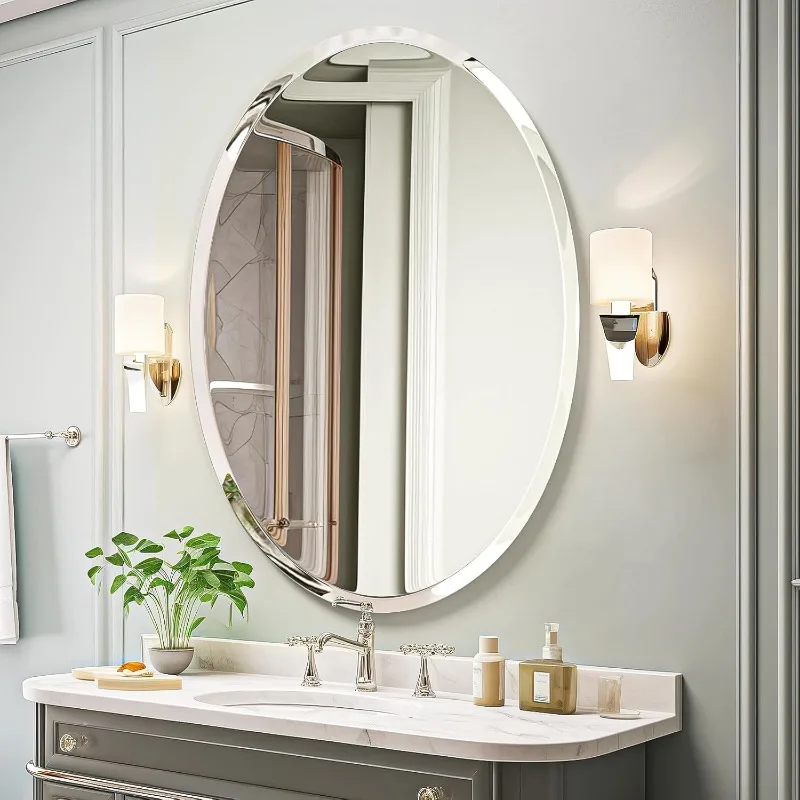 Frameless Wall Mirror for Bathroom/Vanity, Beveled Edge, Simple & Elegant Look, Oval