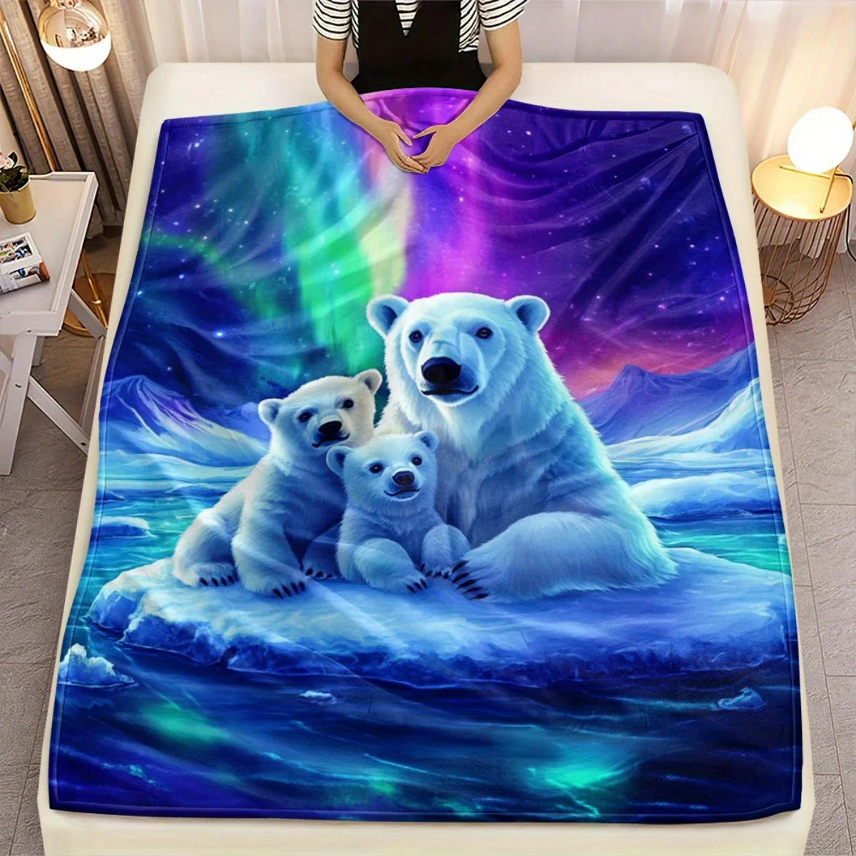 1pc Polar Bear Family Aurora Sky Fleece Blanket Soft Winter Throw Nature Animal Print Home Decor