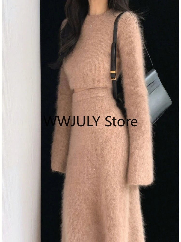 Elegant 2 Piece Dress Set Office Lady Y2k Crop Tops + Slim Bodycon Midi Skirt Woman Knitted Sweater Fashion Suit Korea 2023 Chic