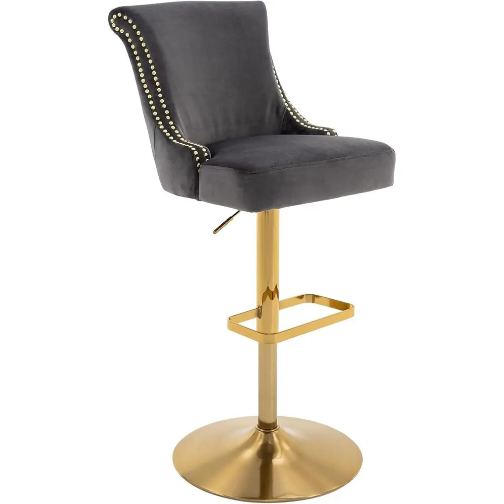 

High Back Swivel Bar Stool with Nails Trim, Velvet Upholstered, Grey for Restaurant, Pub, or Home Bar Counter