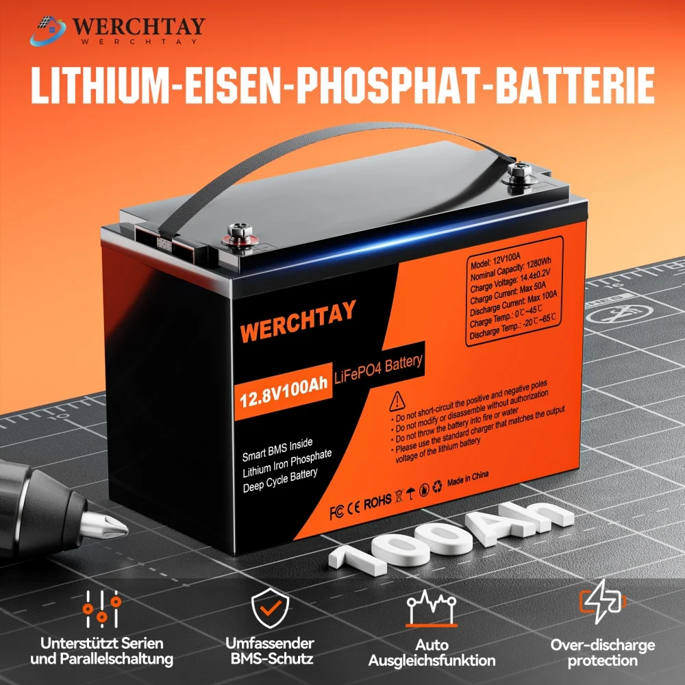 

WERCHTAY 12V 100Ah Bluetooth LiFePO4 Lithium Battery Smart 100A BMS 25000+ Cycles Rechargeable Batteries for Camping Boat Solar