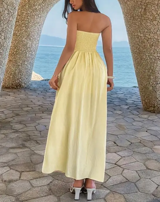 

Women's Dress 2026 Summer New Style French Elegant Fashion Simple Sweeping Design High Waist Slit Backless Strapless Party Dress