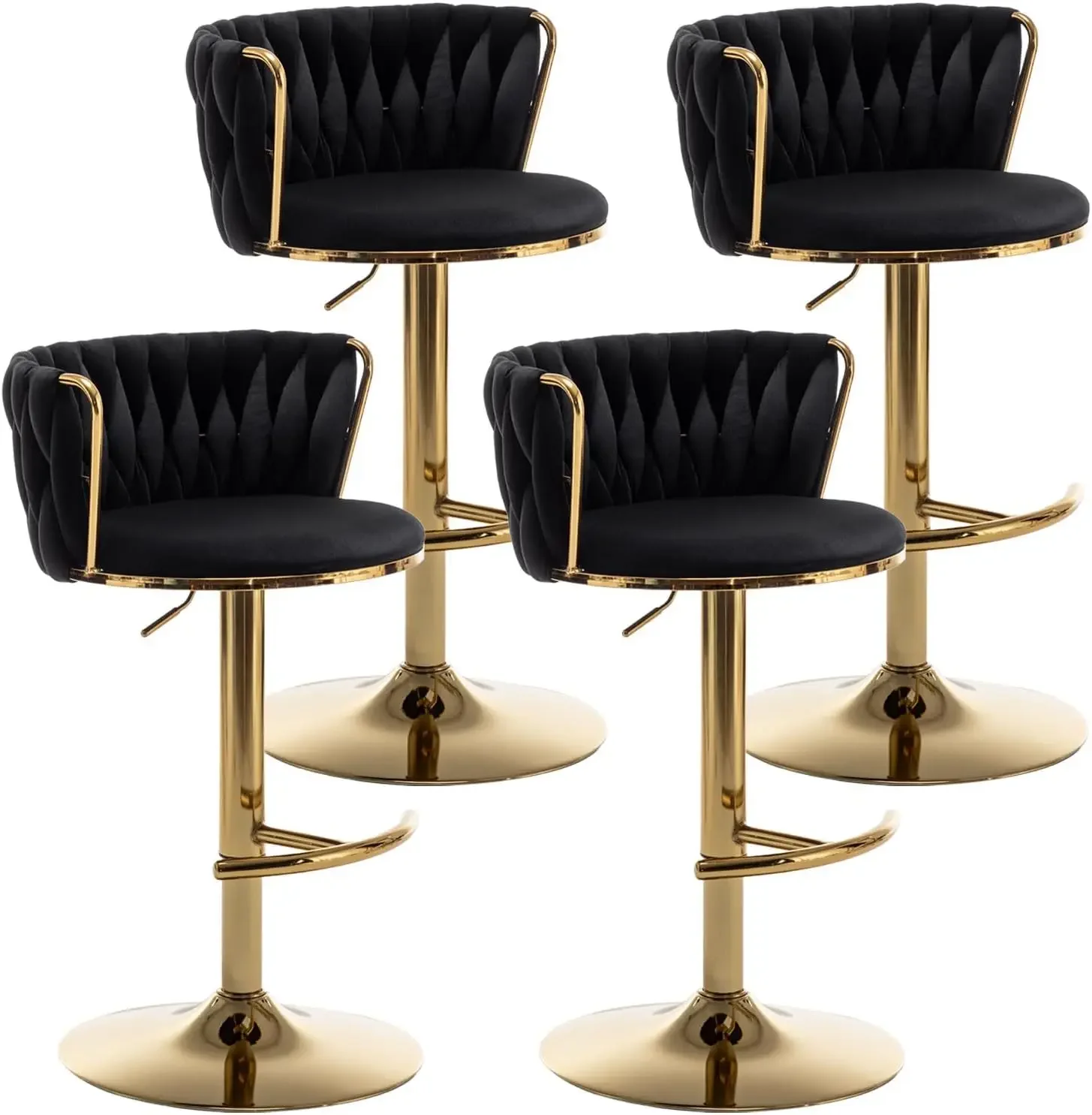 Woven Bar Stools Set of 4, Counter Height Bar Stools with Low Back, Gold Swivel  for Kitchen Island, Bar Pub (Black)