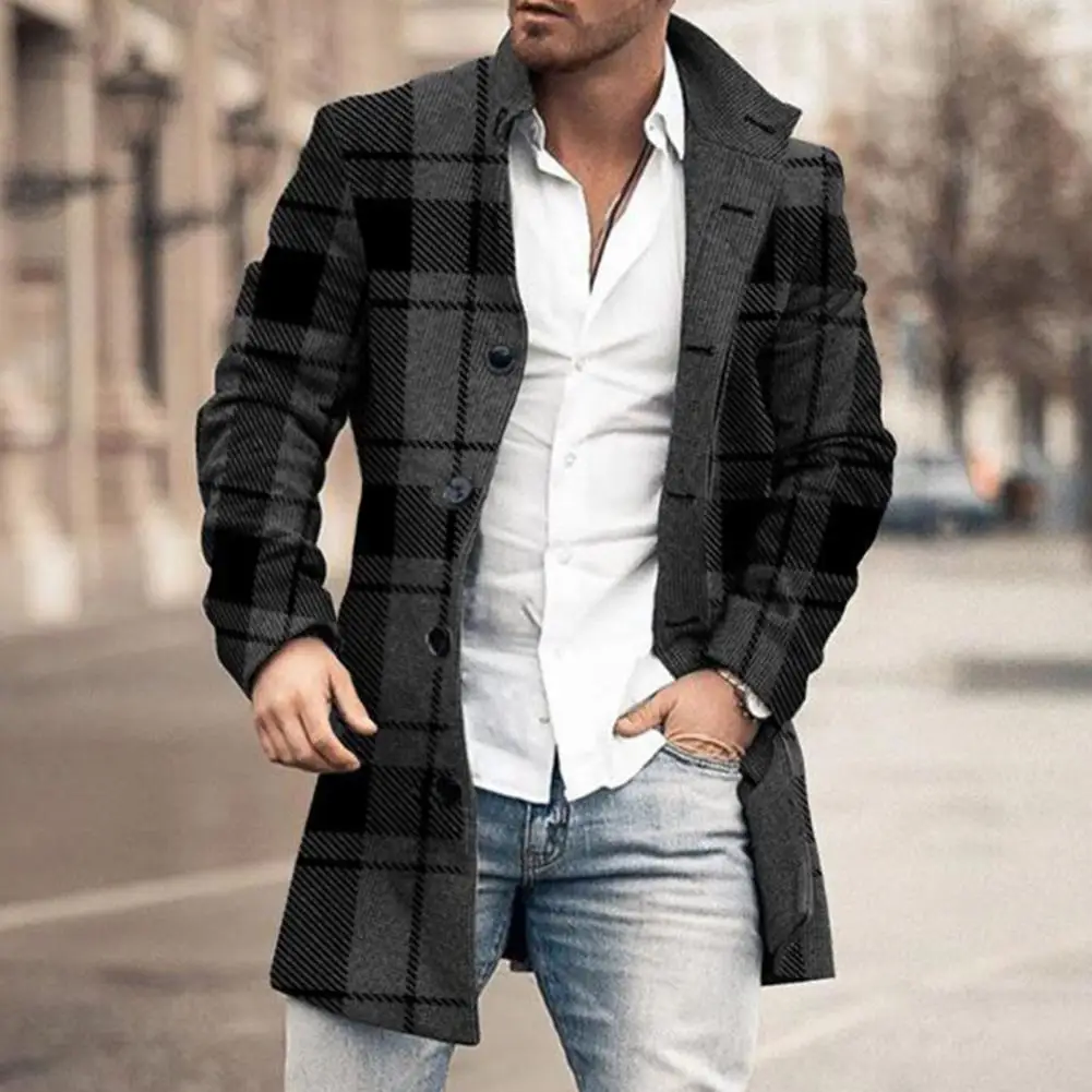 Chaqueta de hombre a cuadros con solapa de un solo pecho, chaqueta ajustada de longitud media de manga larga, gabardina gruesa y cálida para primavera, prendas de vestir exteriores para hombre