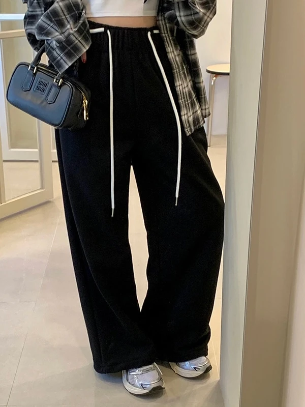 하이 웨이스트 끈 팬츠 여성용 시크한 가을 겨울 패션 디자인 루즈 와이드 레그 팬츠 롱 트라우저