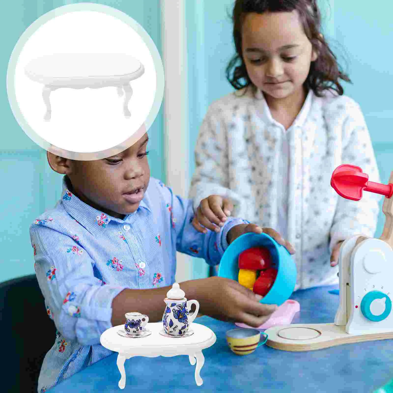 Oval Mini Retro Coffee Table Baby Kids Toys Home Decor Wood Miniature House Furniture