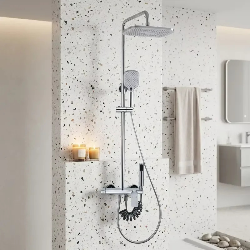 Modern Brass Chrome Polished Ceramic Valve Rainfall Bathroom Shower Set with Slide Bar for Apartment Hotel & Villa Use